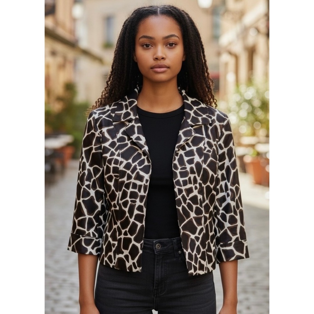 Investments Petites Giraffe Print Blazer Womens 6P Brown 3/4 Sleeve Office Mob
